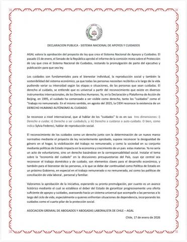 Declaración pública proyecto de ley crea Sistema Nacional de Apoyos y Cuidados